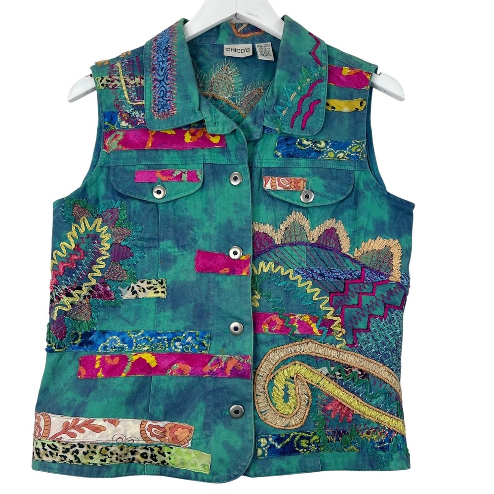 Chicos Patchwork Denim Vest Embroidered Art To Wear Teal Green Womens Size S